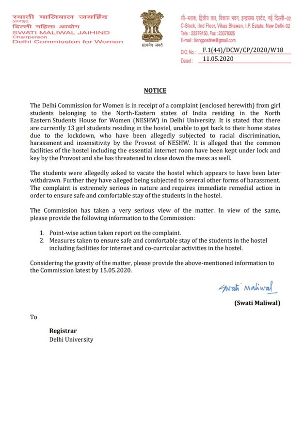 DCW issues notice to DU over forcing NE students to vacate hostel
